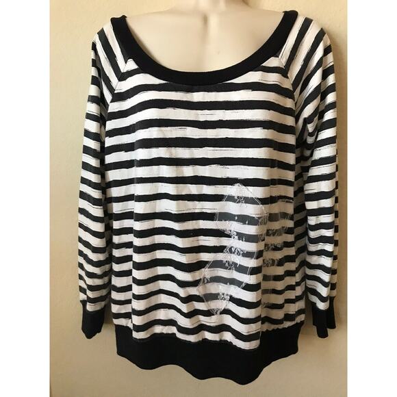 Wet Seal Tops - Wet Seal Black White Striped Lace Bow Off The Shoulder Long Sleeve Women's Top M